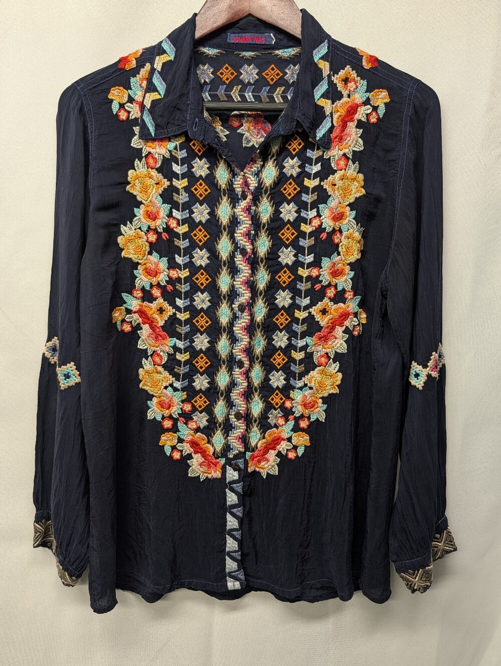Johnny Was Black Button-Down Blouse with Multicolor Floral Embroidery Size M